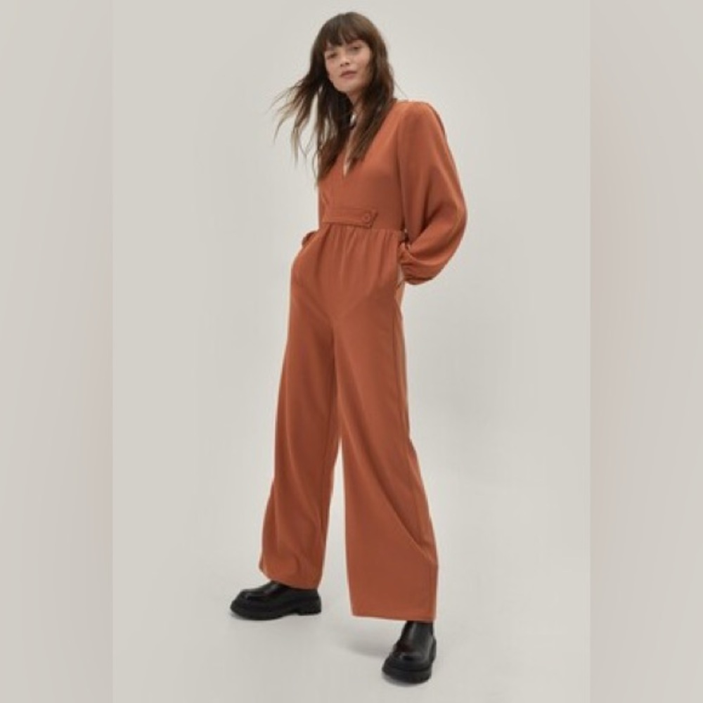 Nasty Gal Belted Detail Puff Sleeve Flared Jumpsuit